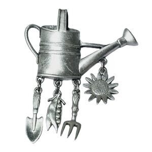 JJ Jonette Gardening Watering Can Dangle Vintage Brooch – Pewter Charm Pin
